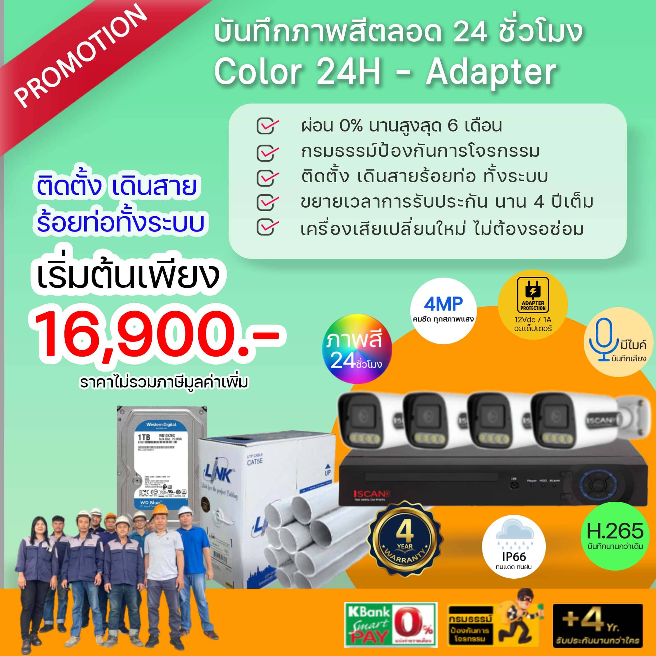 ชุดกล้อง IP ภาพสี 24 ชั่วโมง แบบ Adapter พร้อมติดตั้ง