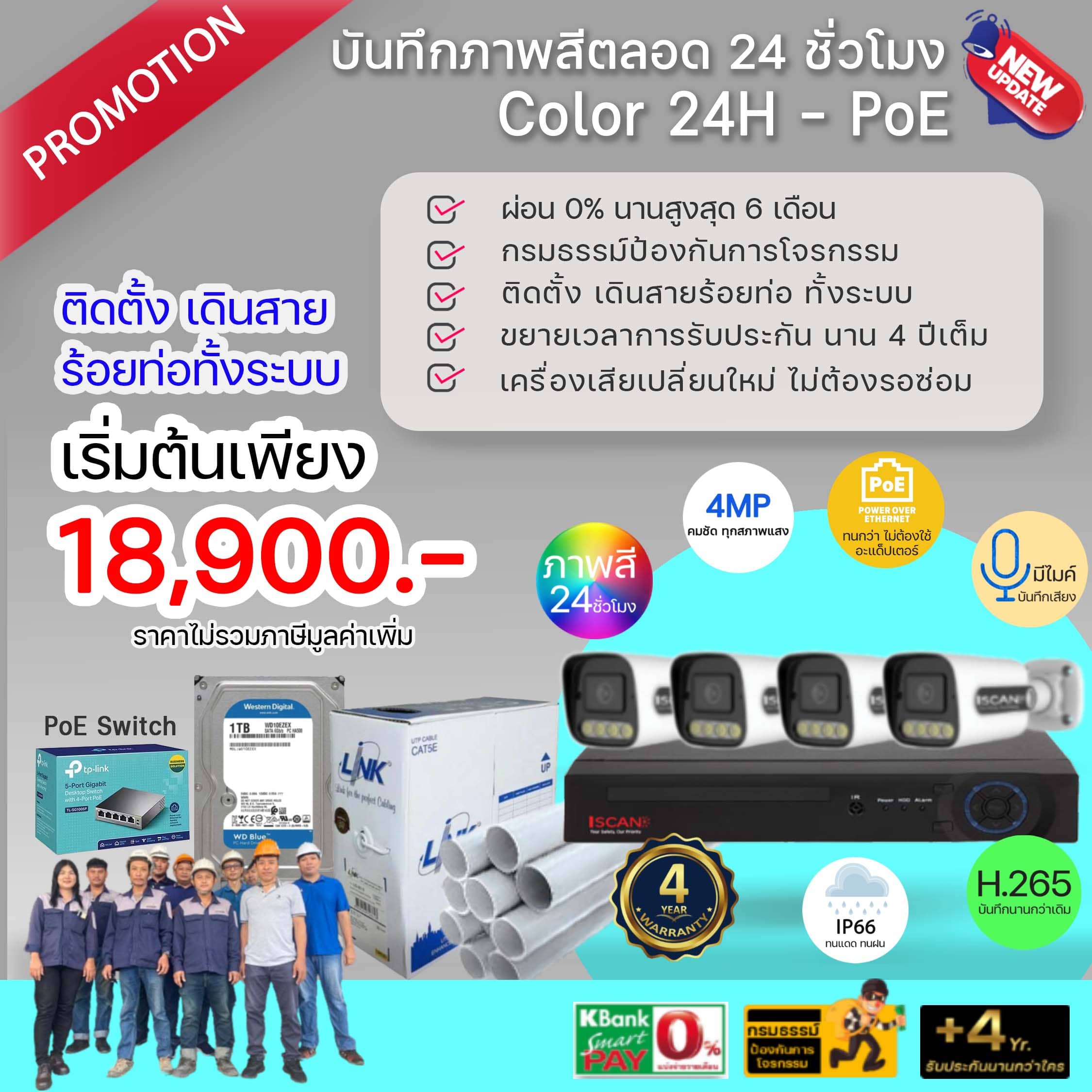 ชุดกล้อง IP ภาพสี 24 ชั่วโมง แบบ PoE พร้อมติดตั้ง
