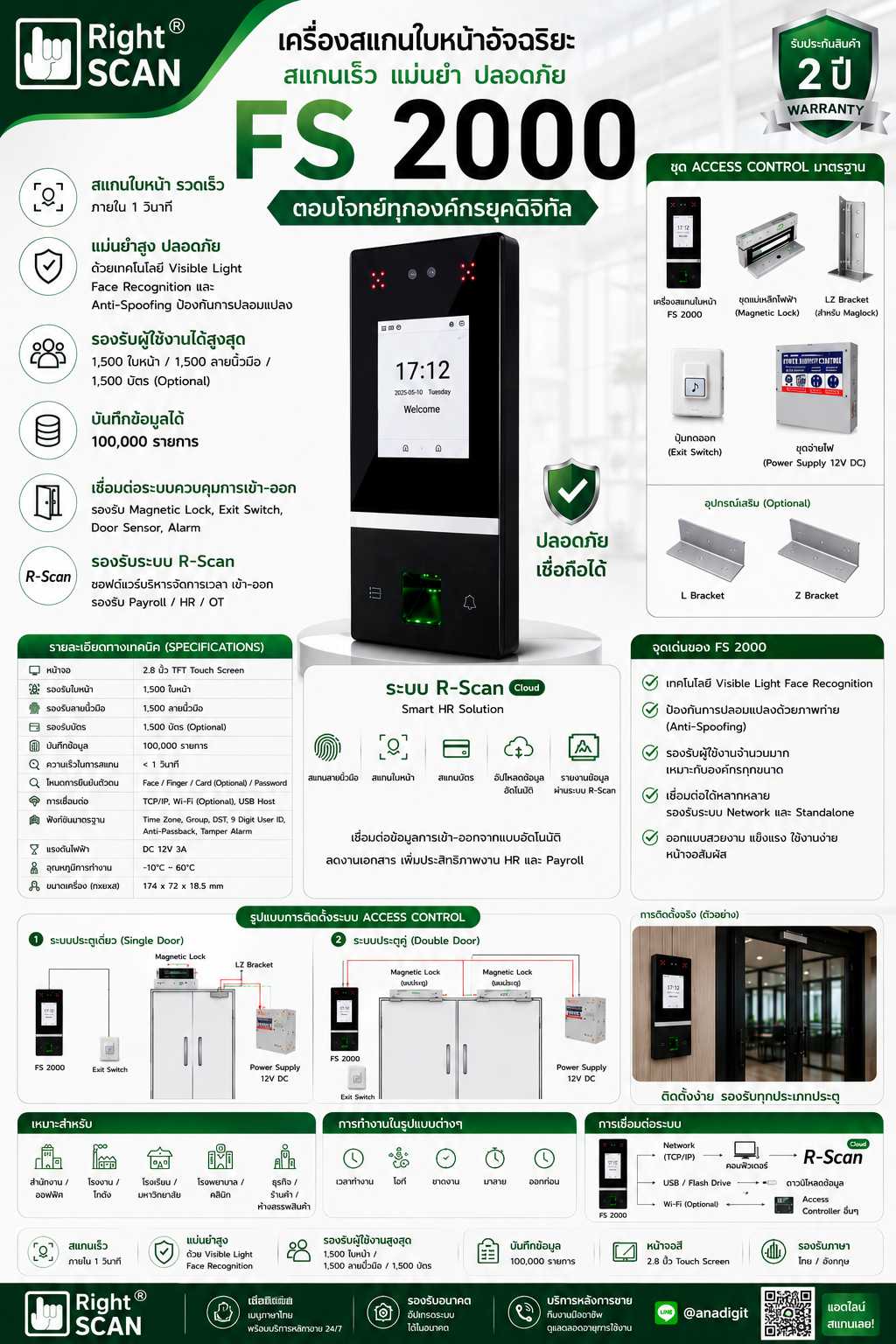 FS2000 เครื่องสแกนใบหน้าอัจฉริยะสำหรับ Access Control